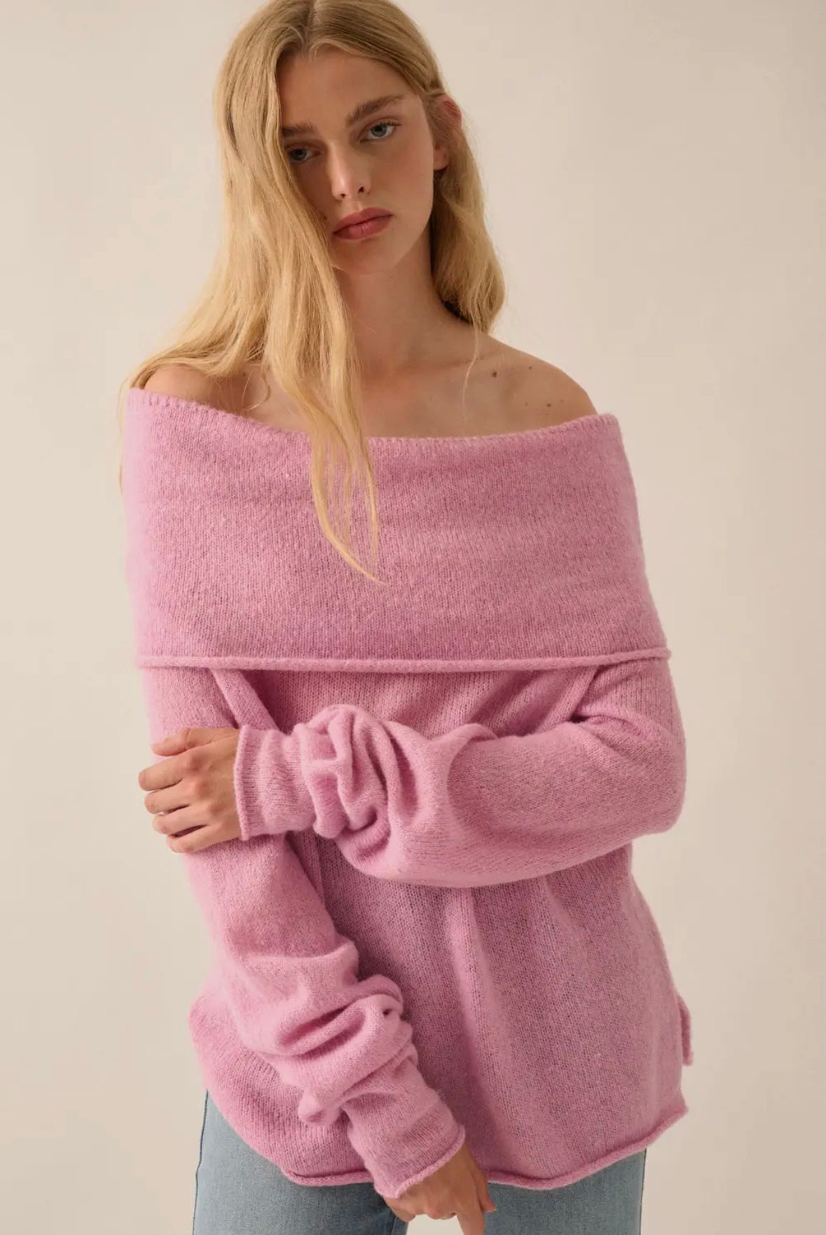 Lightweight Knit Off-Shoulder Foldover Sweater