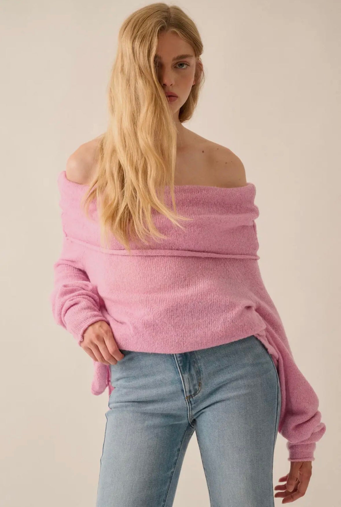 Lightweight Knit Off-Shoulder Foldover Sweater
