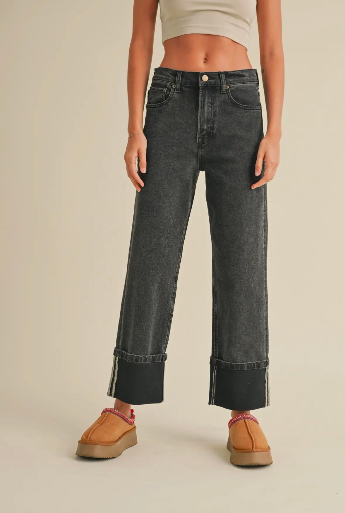 Cuffed Black Denim Pants