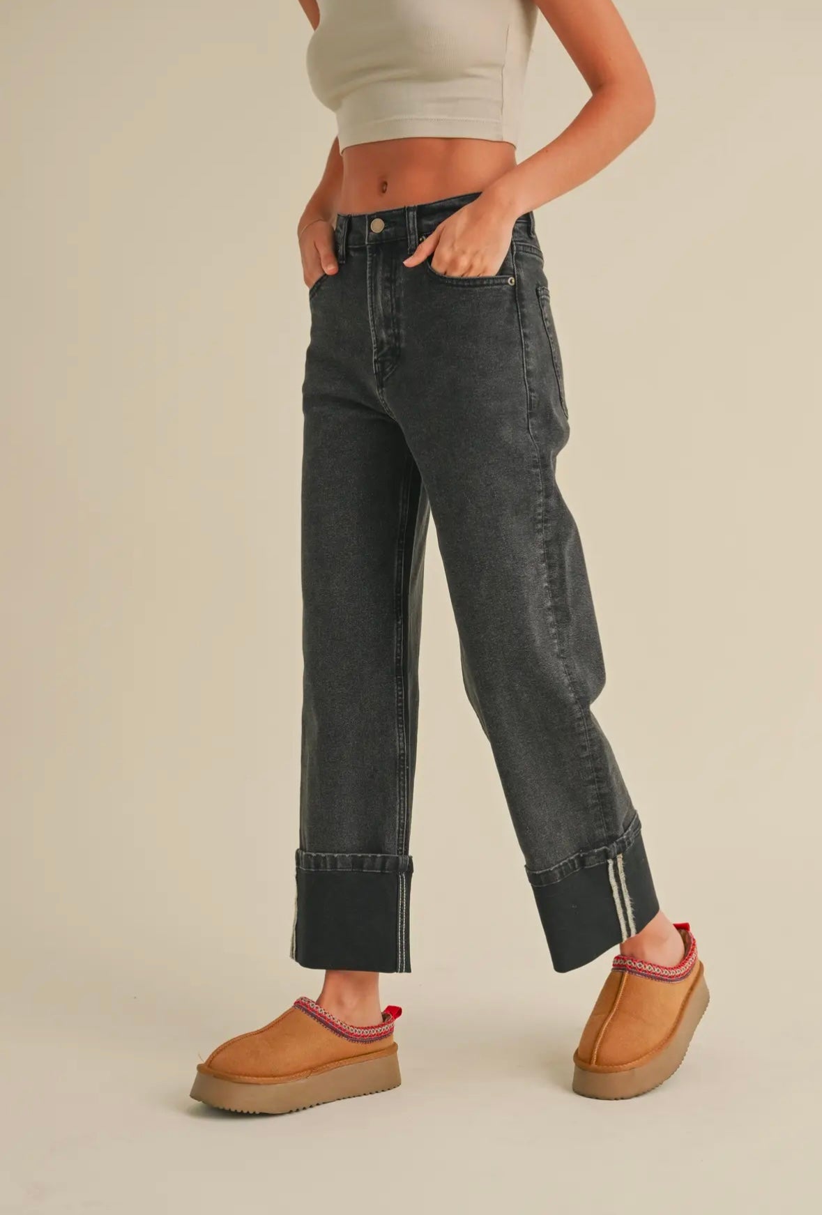 Cuffed Black Denim Pants